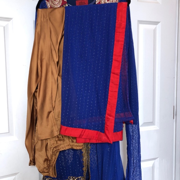 4 pcs Blue/Gold Shalwar kameez Pakistani/Indian - Picture 5 of 7